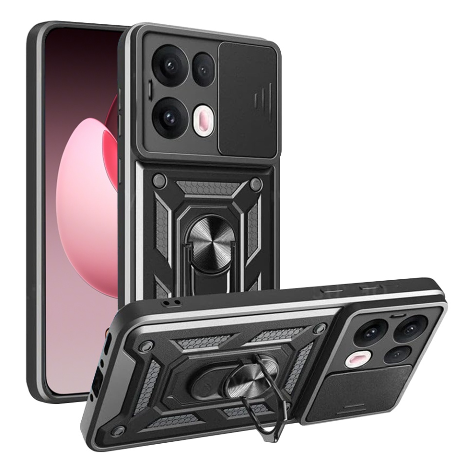 Husa pentru Oppo Reno13 Pro cu inel magnetic si protectie camera CamShield cu sticker - Negru