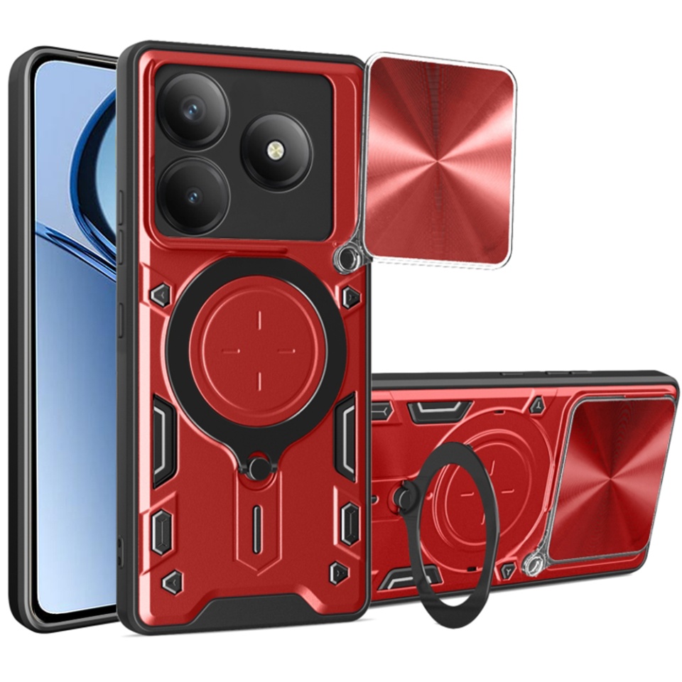 Husa pentru Realme C63 / C61, SKYDDAR INNOVATION, CamGuard Pro, Inel Magnetic, Protectie Camera, set cu sticker, Rosu