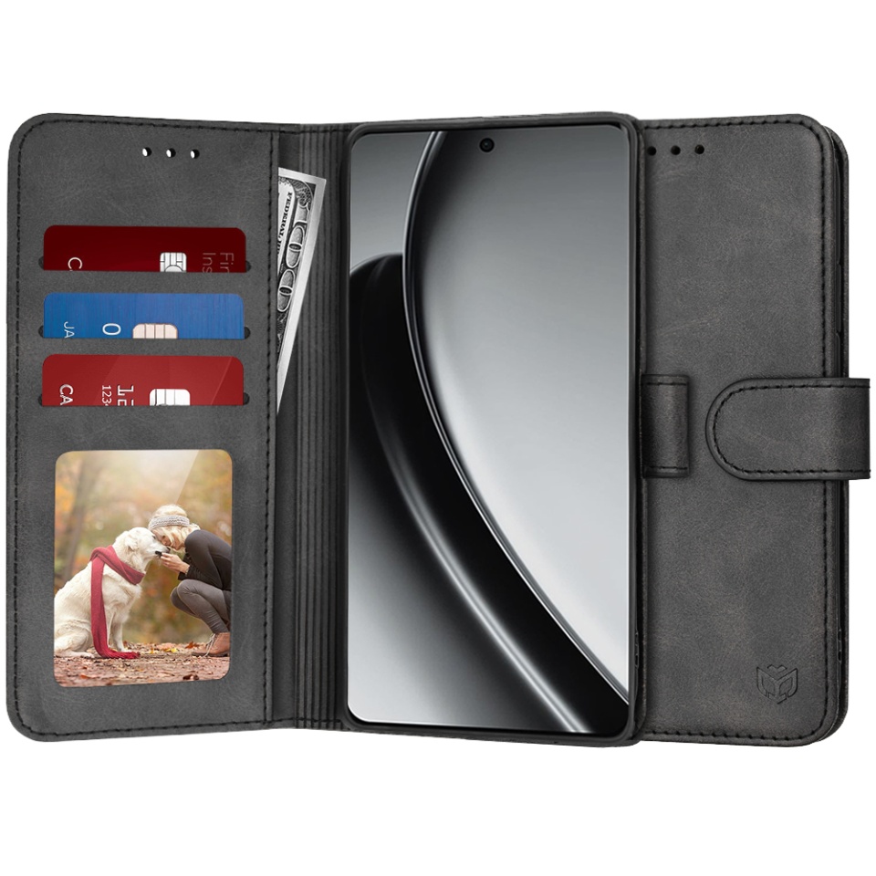 Husa pentru Realme GT 6 / GT 6T, SKYDDAR INNOVATION, Diary Book, tip carte, cu Portofel Interior, Antisoc, Negru, set cu sticker