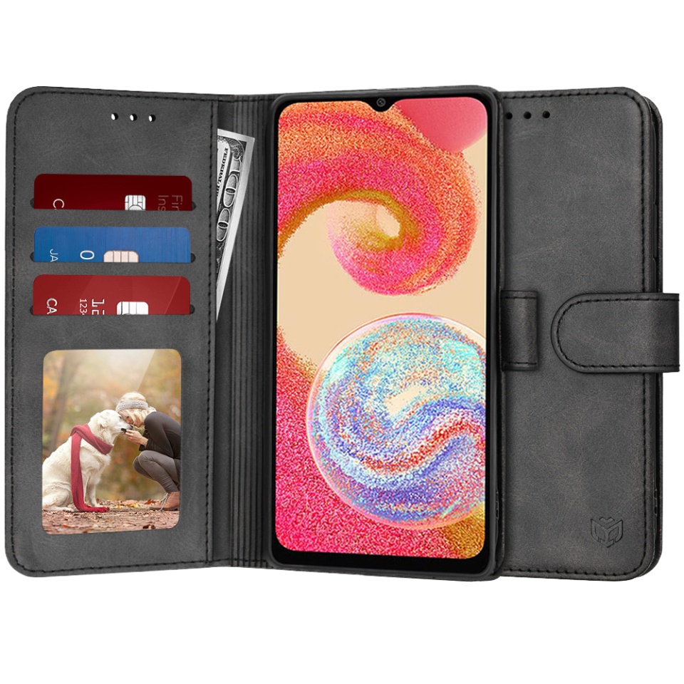 Husa pentru Samsung Galaxy A04e / Galaxy M04, SKYDDAR INNOVATION, Diary Book, tip carte, cu Portofel Interior, Antisoc, Negru, set cu sticker