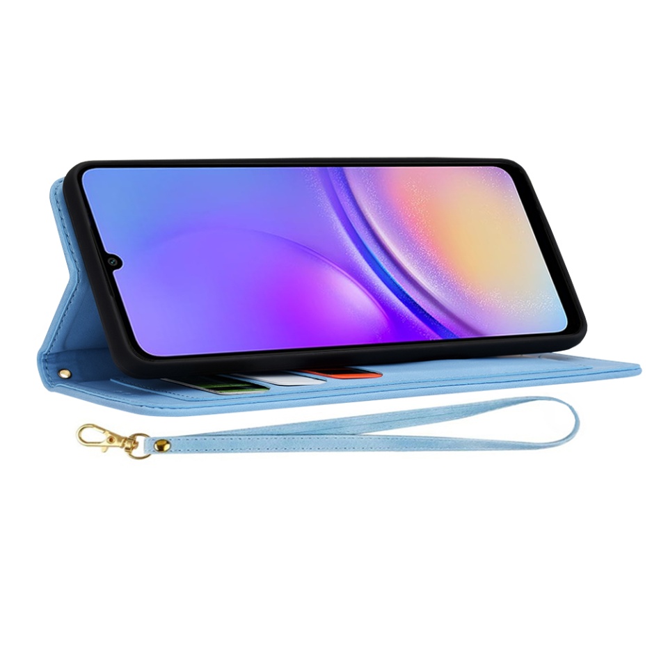 Husa pentru Samsung Galaxy A05 din Piele Ecologică cu Design Floral, Protecție 360°, Stand Integrat, Buzunare pentru Carduri, Floral Wallet cu sticker - Bleu - 3 | YEO