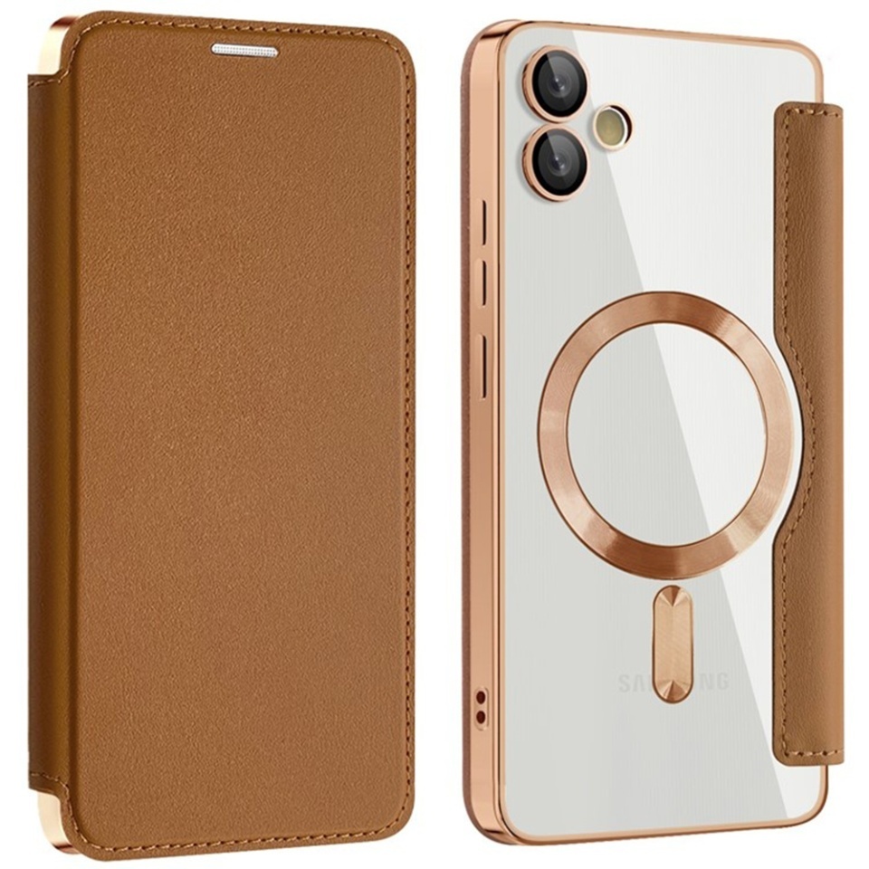Husa pentru Samsung Galaxy A05 tip carte, SKYDDAR INOVATION, SmartMag Book, Magsafe, RFiD, Suport Carduri, set cu sticker, Maro - 1 | YEO