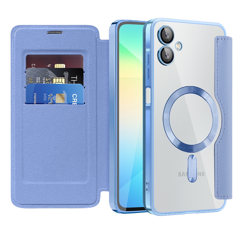 Husa pentru Samsung Galaxy A06 tip carte, SKYDDAR INOVATION, SmartMag Book, Magsafe, RFiD, Suport Carduri, set cu sticker, Bleu