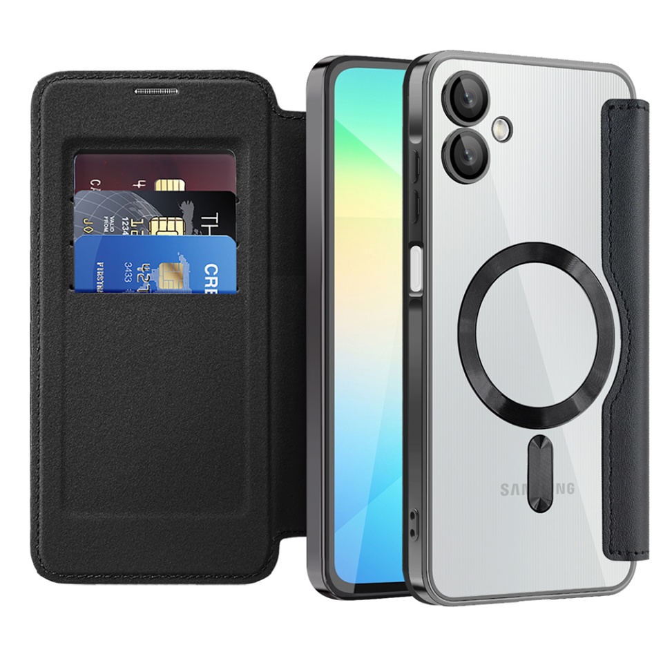 Husa pentru Samsung Galaxy A06 tip carte, SKYDDAR INOVATION, SmartMag Book, Magsafe, RFiD, Suport Carduri, set cu sticker, Negru