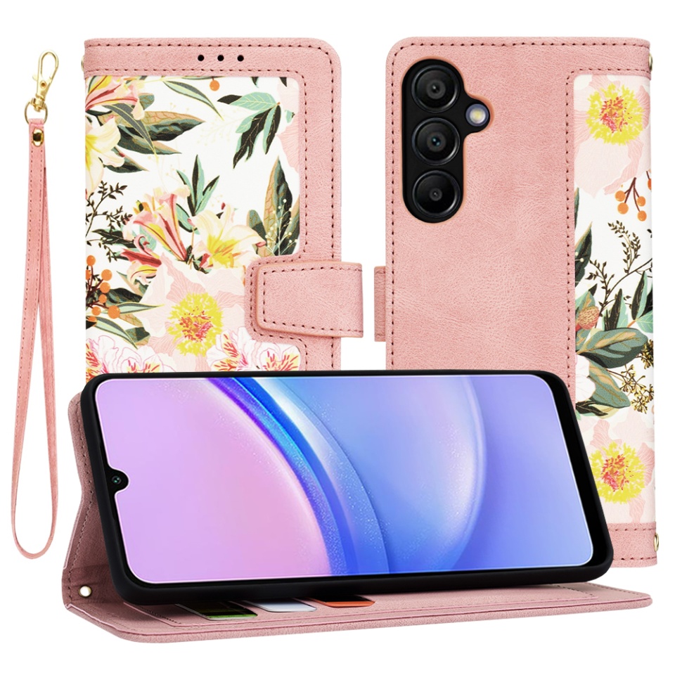 Husa pentru Samsung Galaxy A15 4G / Galaxy A15 5G, SKYDDAR INNOVATION, Floral Wallet, din Piele Ecologică cu Design Floral, Protecție 360°, Stand Integrat, Buzunare pentru Carduri, Roz, set cu sticker