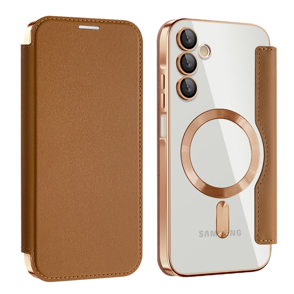 Husa pentru Samsung Galaxy A15 4G / Galaxy A15 5G tip carte, SKYDDAR INOVATION, SmartMag Book, Magsafe, RFiD, Suport Carduri, set cu sticker, Maro - 1 | YEO
