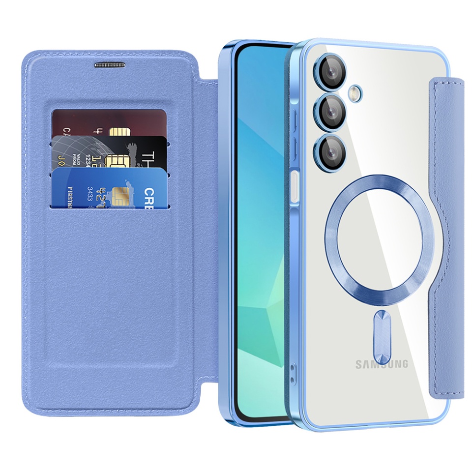 Husa pentru Samsung Galaxy A16 4G / Galaxy A16 5G tip carte, SKYDDAR INOVATION, SmartMag Book, Magsafe, RFiD, Suport Carduri, set cu sticker, Bleu