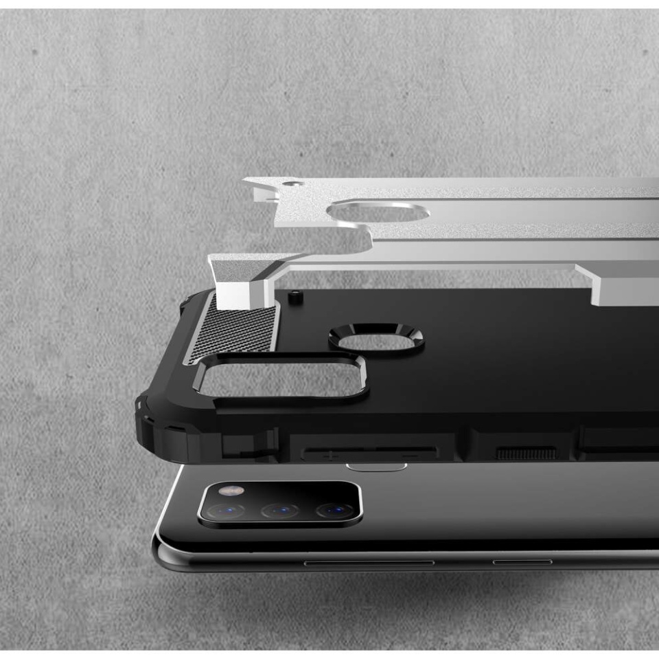 Husa pentru Samsung Galaxy A21s, SKYDDAR INNOVATION, Hybrid Armor, din Plastic Dur, Margini Cauciucate, Antisoc, set cu sticker, Negru - 1 | YEO