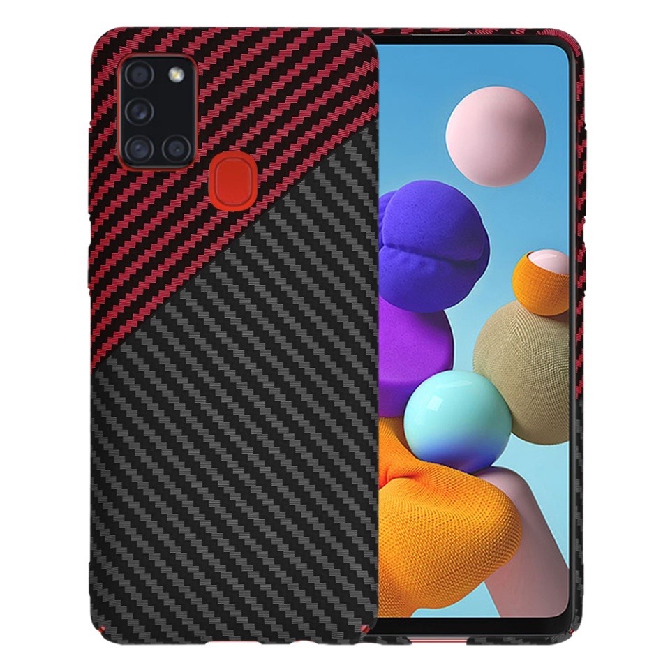 Husa pentru Samsung Galaxy A21s, SKYDDAR INNOVATION, textura carbon, Carbonite FiberShell, set cu sticker, Rosu inchis,