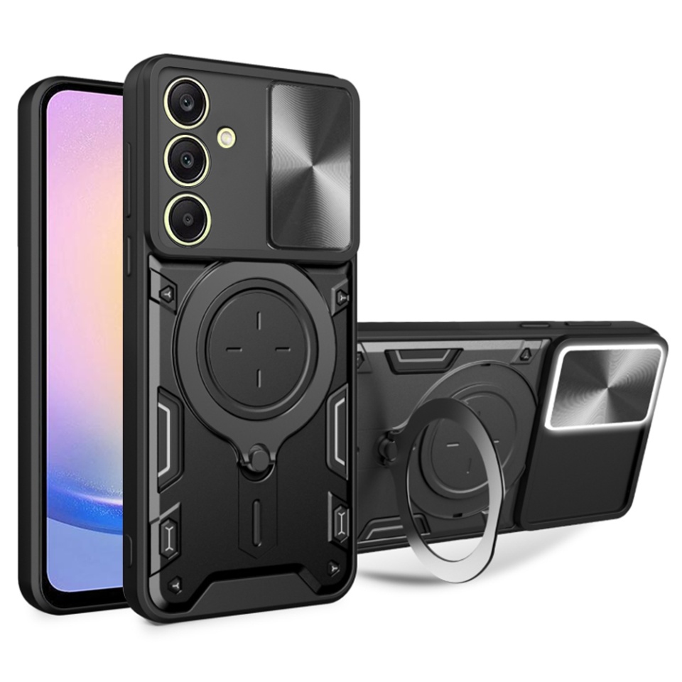 Husa pentru Samsung Galaxy A25 5G, SKYDDAR INNOVATION, CamGuard Pro, Inel Magnetic, Protectie Camera, set cu sticker, Negru