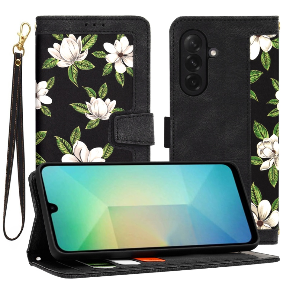 Husa pentru Samsung Galaxy A26 5G din Piele Ecologică cu Design Floral, Protecție 360°, Stand Integrat, Buzunare pentru Carduri, Floral Wallet - Negru
