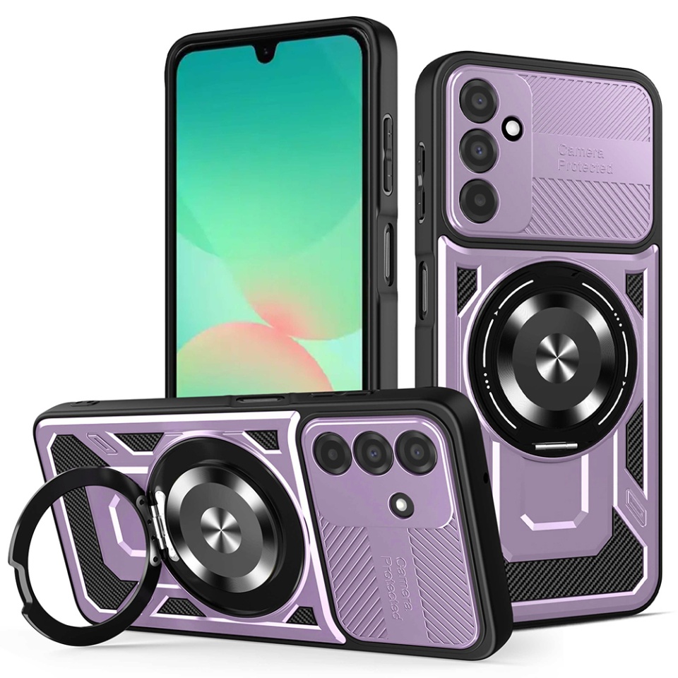 Husa pentru Samsung Galaxy A26 5G, SKYDDAR INNOVATION, RuggedCam, Inel magnetic antisoc, set cu sticker, Mov