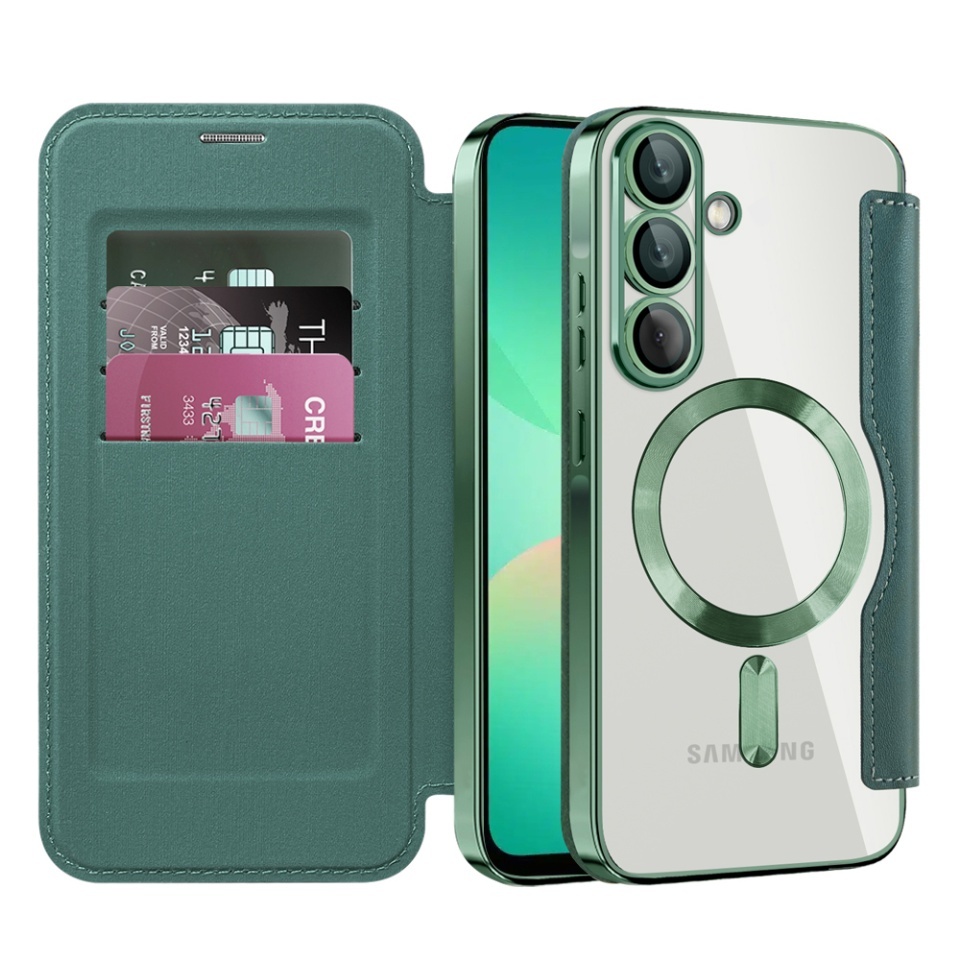 Husa pentru Samsung Galaxy A26 5G tip carte, SKYDDAR INOVATION, SmartMag Book, Magsafe, RFiD, Suport Carduri, set cu sticker, Verde