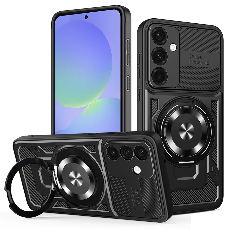 Husa pentru Samsung Galaxy A36 5G / Galaxy A56 5G, SKYDDAR INNOVATION, RuggedCam, Inel magnetic antisoc, set cu sticker, Negru