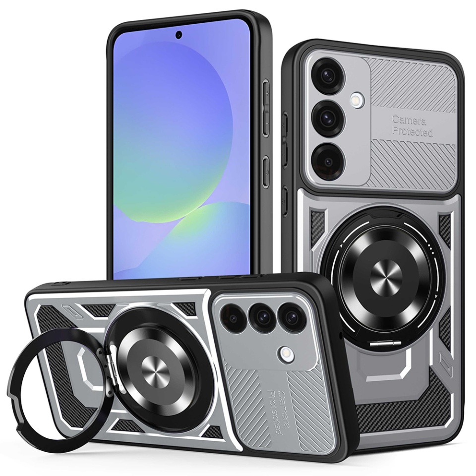 Husa pentru Samsung Galaxy A36 5G / Galaxy A56 5G, SKYDDAR INNOVATION, RuggedCam, Inel magnetic antisoc, set cu sticker, Gri