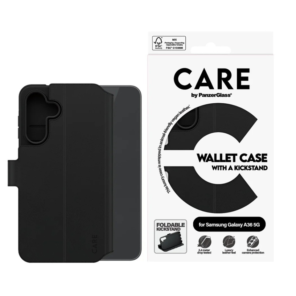 Husa pentru Samsung Galaxy A36 5G, PanzerGlass, CARE Feature Kickstand Wallet Case, Tip Carte cu Inchidere Magnetica, Suport Stand si Slot Card Protectie 360°, Testata la Socuri, Negru - 3 | YEO