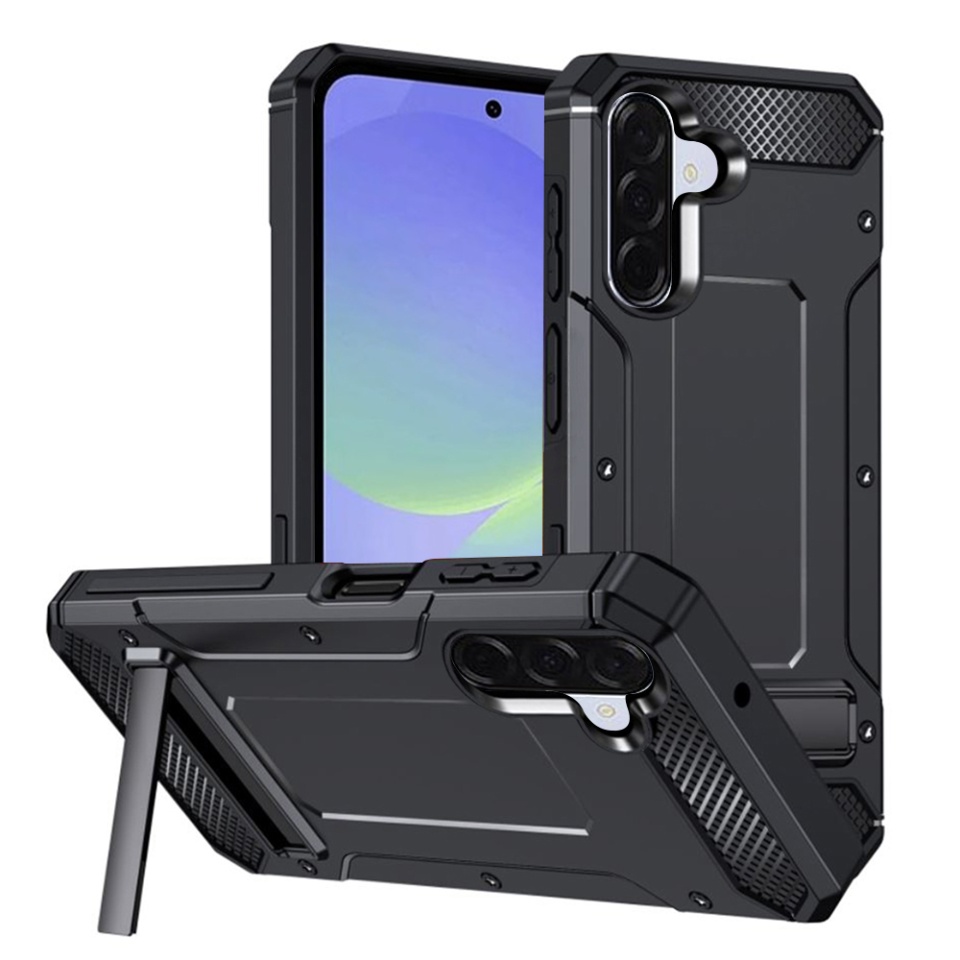 Husa pentru Samsung Galaxy A36 5G, SKYDDAR INNOVATION, Hybrid Armor, din Plastic Dur, Margini Cauciucate, Antisoc, Negru, set cu sticker