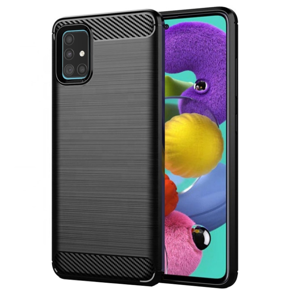 Husa pentru Samsung Galaxy A51 4G, SKYDDAR INNOVATION, Carbon Silicone, din Silicon Slim, cu textura Fibra Carbon, set cu sticker, Negru