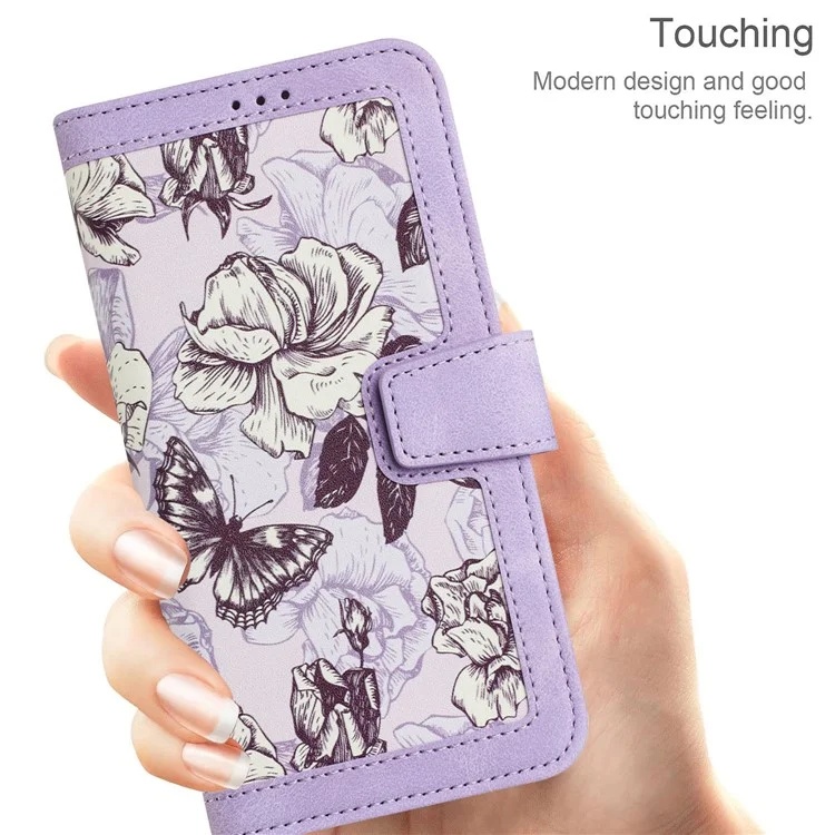Husa pentru Samsung Galaxy A55 5G din Piele Ecologică cu Design Floral, Protecție 360°, Stand Integrat, Buzunare pentru Carduri, SKDR Floral Wallet - Mov - 2 | YEO