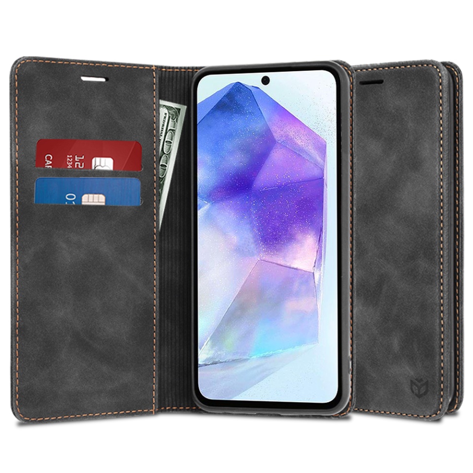Husa pentru Samsung Galaxy A55 5G, SKYDDAR INNOVATION, Soft Wallet, tip Carte din piele Eco Premium, cu Portofel Interior, Negru, set cu sticker