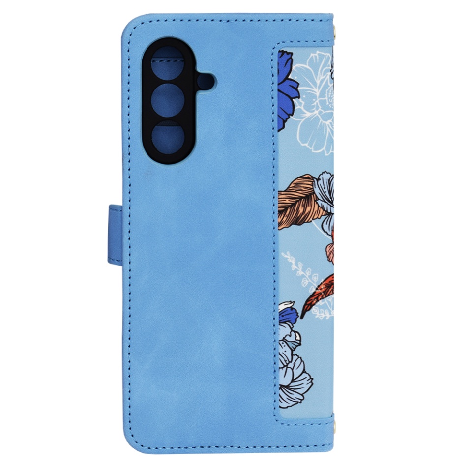 Husa pentru Samsung Galaxy A56 5G din Piele Ecologică cu Design Floral, Protecție 360°, Stand Integrat, Buzunare pentru Carduri, Floral Wallet - Bleu - 2 | YEO