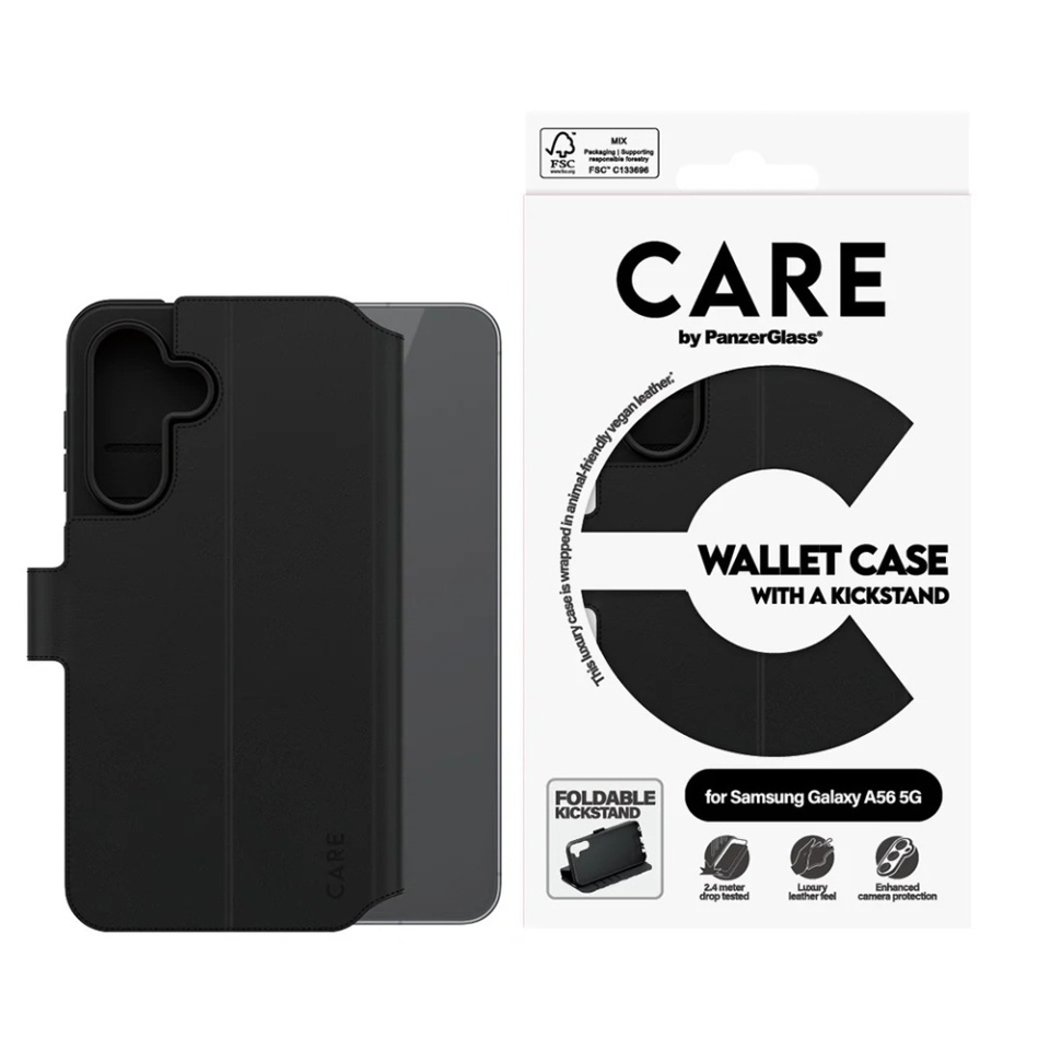 Husa pentru Samsung Galaxy A56 5G, PanzerGlass, CARE Feature Kickstand Wallet Case, Tip Carte cu Inchidere Magnetica, Suport Stand si Slot Card Protectie 360°, Testata la Socuri, Negru - 3 | YEO