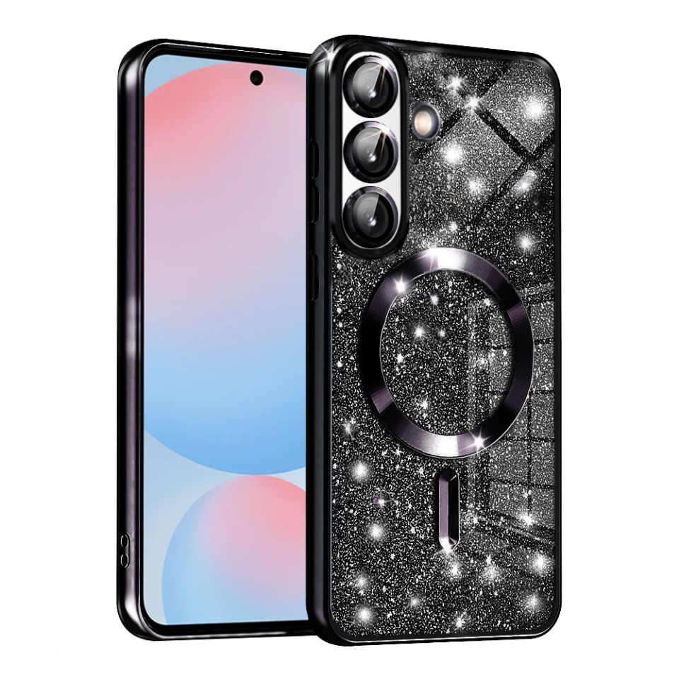 Husa pentru Samsung Galaxy A56 5G, SKYDDAR INNOVATION, Luxury Glitter Magsafe, Antisoc, Fundal Detasabil 2-in-1, Margini Ridicate, set cu sticker, Negru