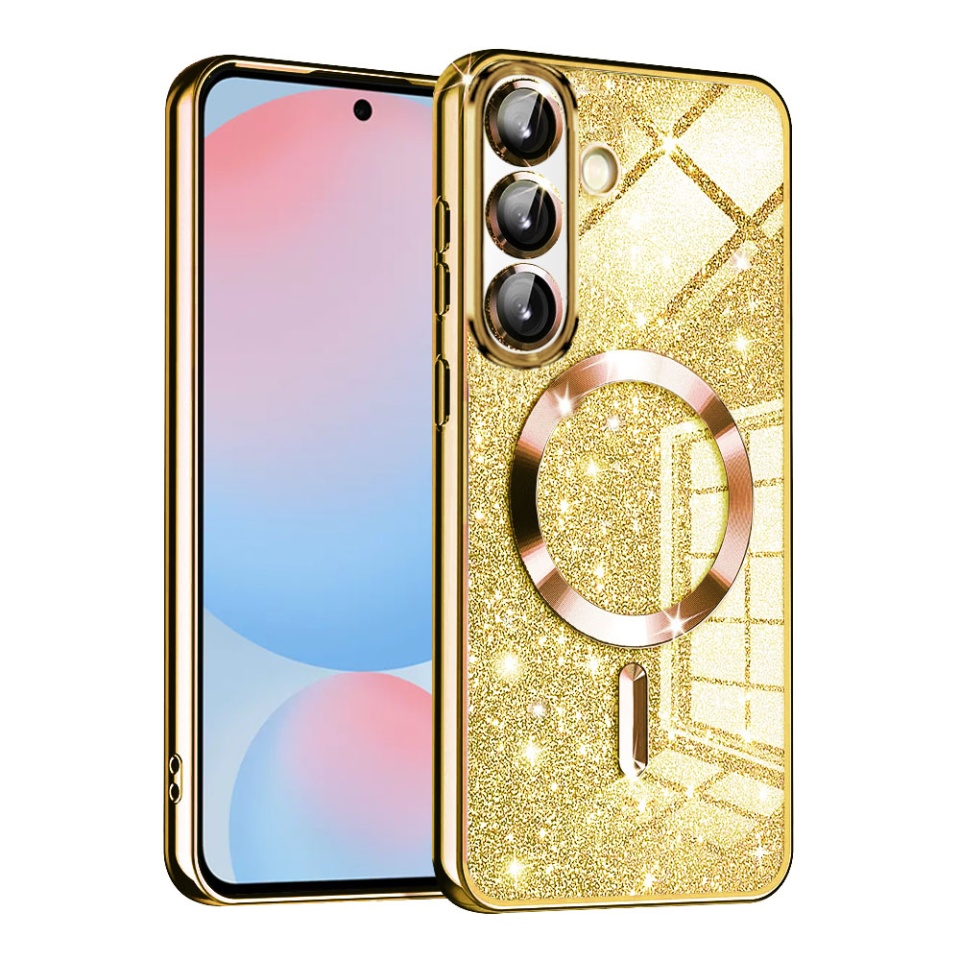 Husa pentru Samsung Galaxy A56 5G, SKYDDAR INNOVATION, Luxury Glitter Magsafe, Antisoc, Fundal Detasabil 2-in-1, Margini Ridicate, set cu sticker, Auriu