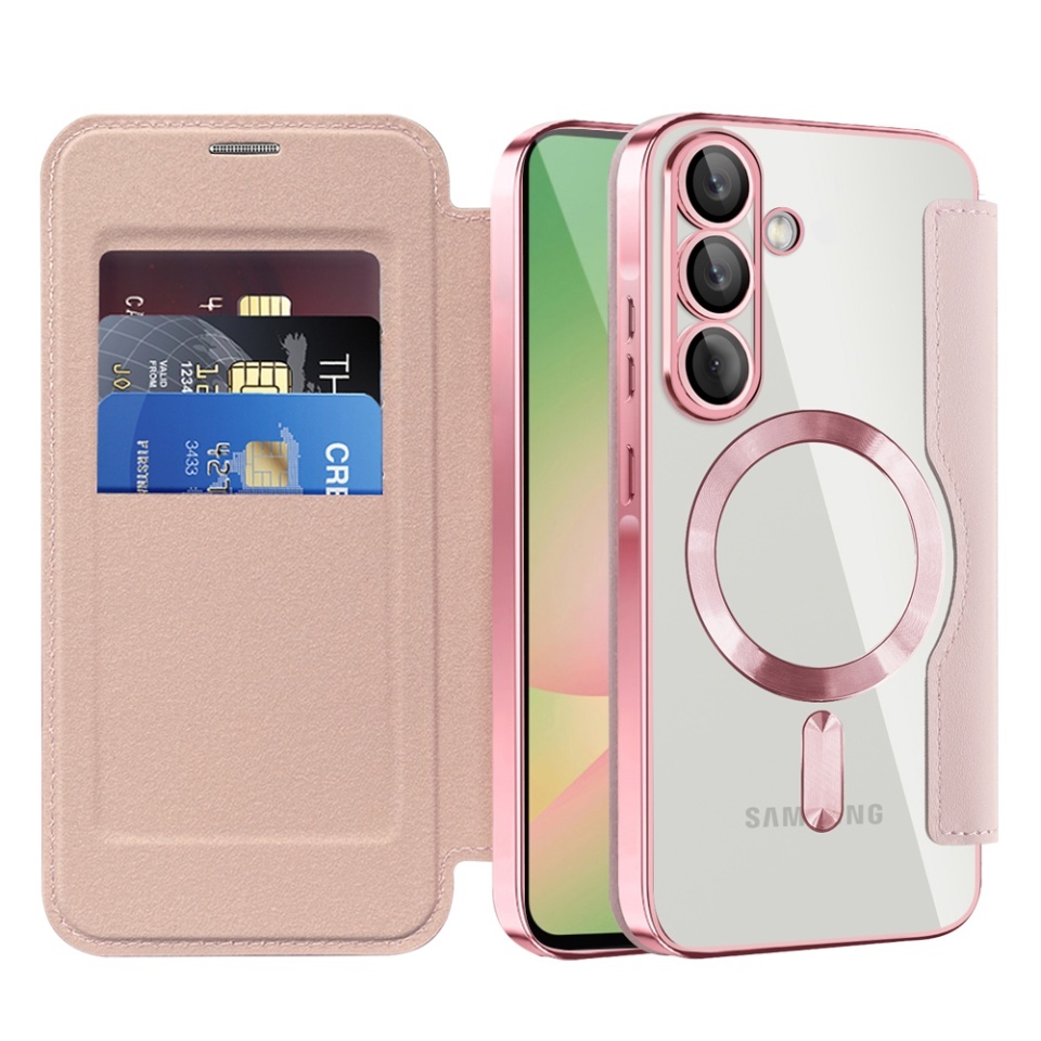 Husa pentru Samsung Galaxy A56 5G tip carte, SKYDDAR INOVATION, SmartMag Book, Magsafe, RFiD, Suport Carduri, set cu sticker, Roz
