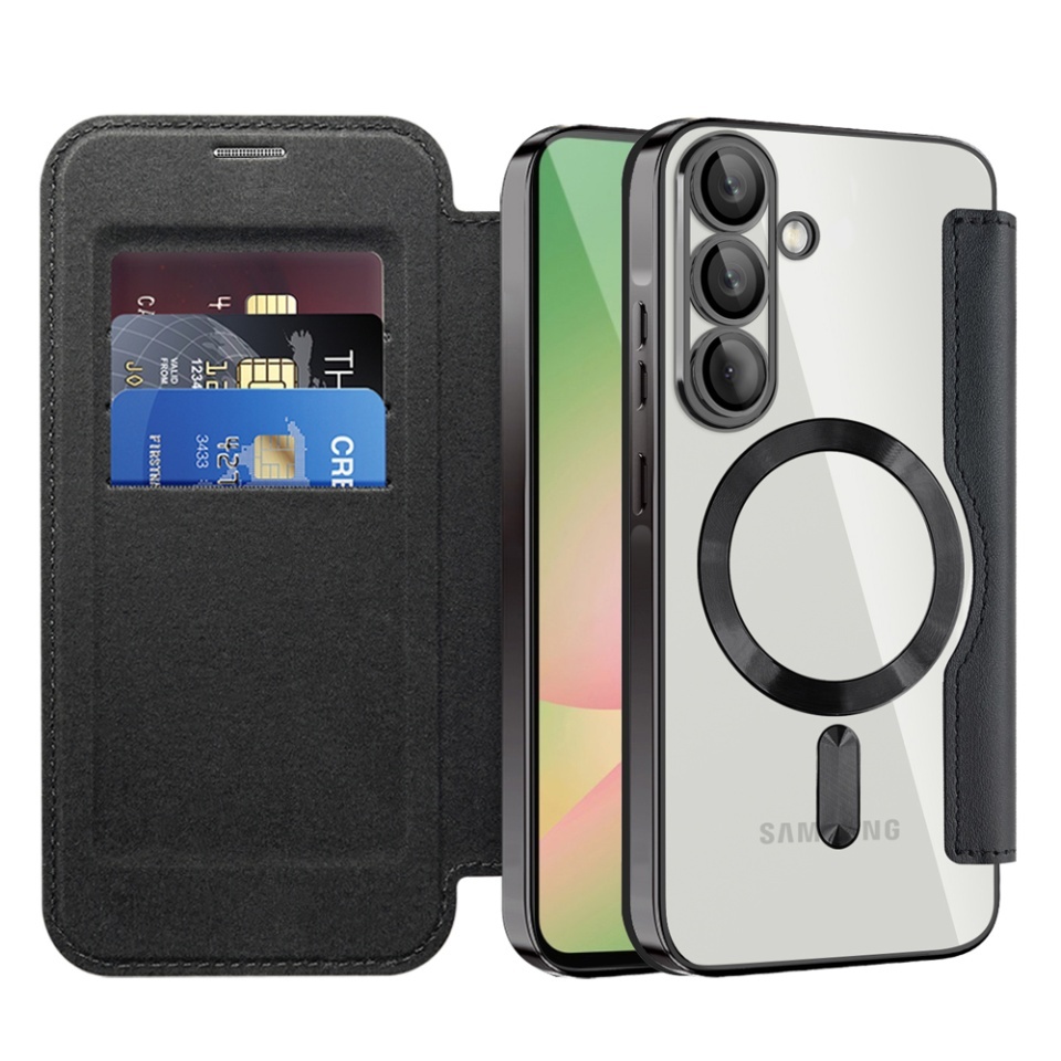 Husa pentru Samsung Galaxy A56 5G tip carte, SKYDDAR INOVATION, SmartMag Book, Magsafe, RFiD, Suport Carduri, set cu sticker, Negru