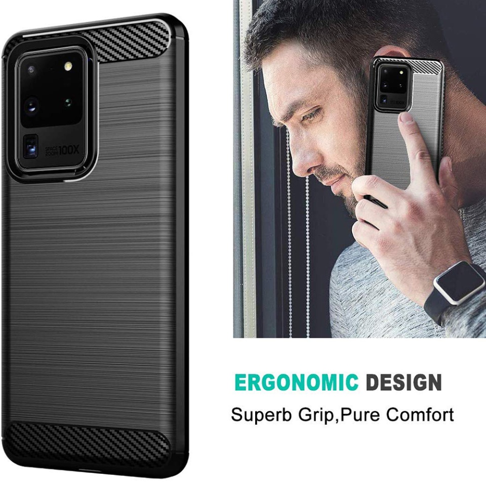 Husa pentru Samsung Galaxy S20 Ultra 5G / Galaxy S20 Ultra, SKYDDAR INNOVATION, Carbon Silicone, din Silicon Slim, cu textura Fibra Carbon, set cu sticker, Negru - 3 | YEO