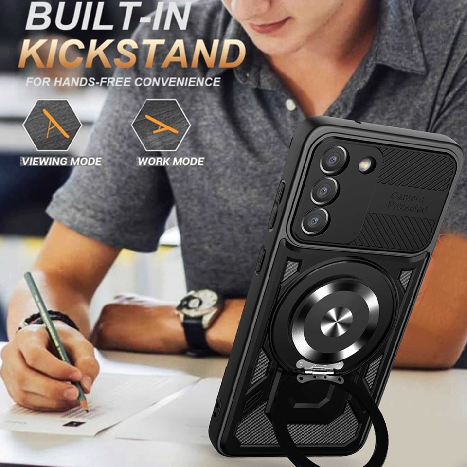 Husa pentru Samsung Galaxy S21 FE 5G, SKYDDAR INNOVATION, RuggedCam, Inel magnetic antisoc, set cu sticker, Gri - 2 | YEO