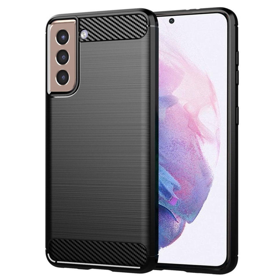 Husa pentru Samsung Galaxy S21 Plus 5G, SKYDDAR INNOVATION, Carbon Silicone, din Silicon Slim, cu textura Fibra Carbon, set cu sticker, Negru