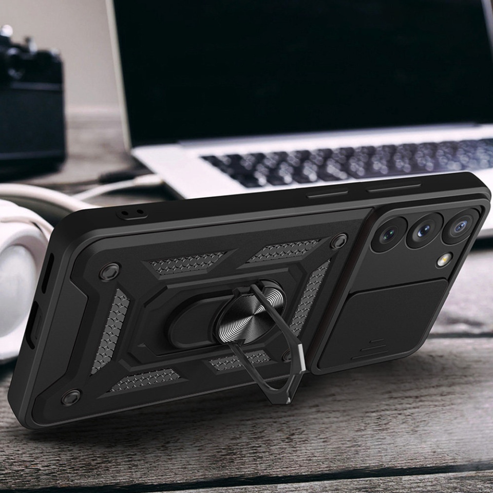 Husa pentru Samsung Galaxy S22 5G, SKYDDAR INNOVATION, CamShield, Inel magnetic, set cu sticker, Negru - 2 | YEO