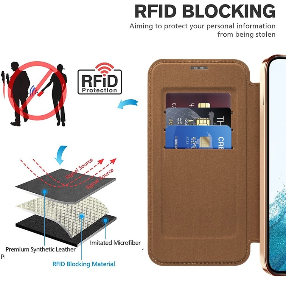 Husa pentru Samsung Galaxy S22 5G tip carte, SKYDDAR INOVATION, SmartMag Book, Magsafe, RFiD, Suport Carduri, set cu sticker, Maro - 3 | YEO