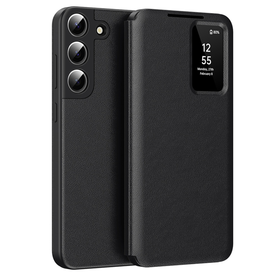 Husa pentru Samsung Galaxy S22 Plus 5G tip carte, Skyddar, cu portofel si SmartView, Premium, set cu sticker, Negru