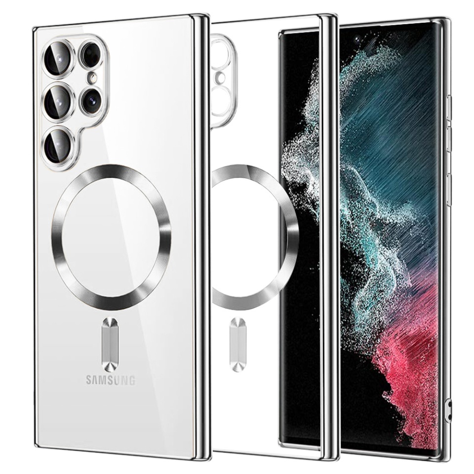 Husa pentru Samsung Galaxy S22 Ultra 5G, SKYDDAR INNOVATION, Luxury Shield Magsafe, Protectie Antisoc, set cu sticker, Argintiu