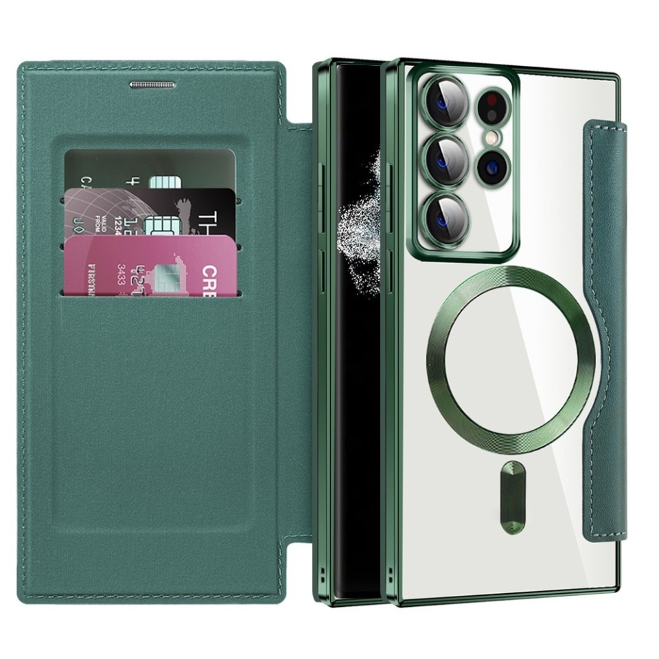 Husa pentru Samsung Galaxy S22 Ultra 5G tip carte, SKYDDAR INOVATION, SmartMag Book, Magsafe, RFiD, Suport Carduri, set cu sticker, Verde