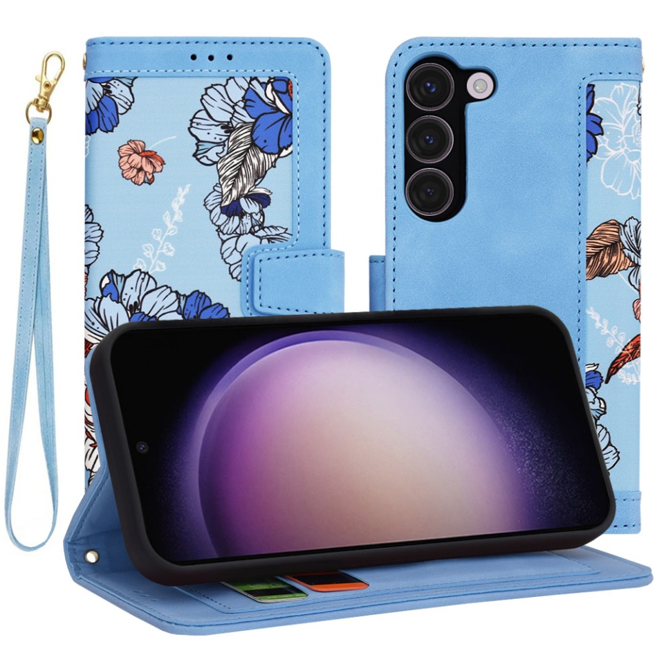 Husa pentru Samsung Galaxy S23 din Piele Ecologică cu Design Floral, Protecție 360°, Stand Integrat, Buzunare pentru Carduri, SKDR Floral Wallet - Bleu
