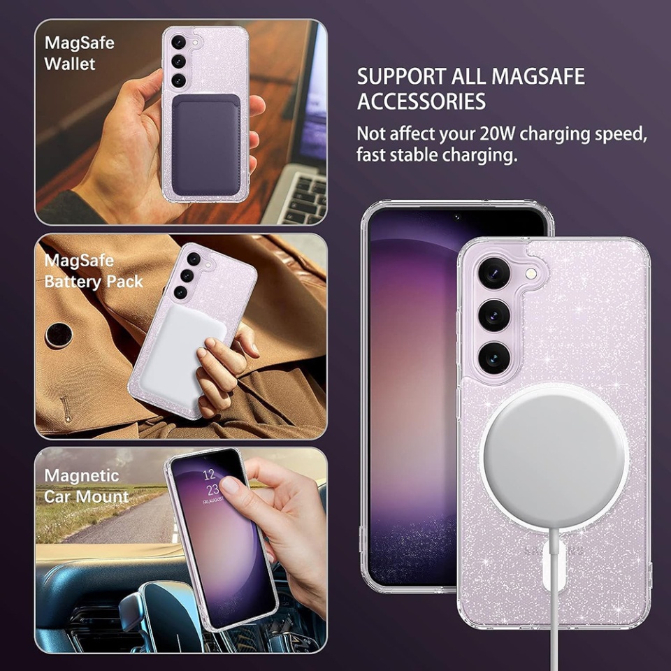 Husa pentru Samsung Galaxy S23 Plus, Magsafe, din Silicon TPU cu Sclipici, Design Elegant si Ultra Subtire, SKDR Shine - Transparenta - 2 | YEO