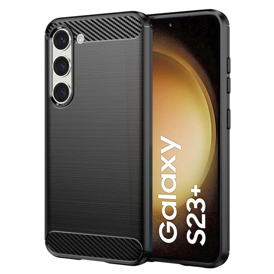 Husa pentru Samsung Galaxy S23 Plus, SKYDDAR INNOVATION, Carbon Silicone, din Silicon Slim, cu textura Fibra Carbon, set cu sticker, Negru