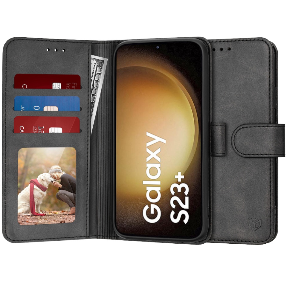 Husa pentru Samsung Galaxy S23 Plus, SKYDDAR INNOVATION, Diary Book, tip carte, cu Portofel Interior, Antisoc, Negru, set cu sticker