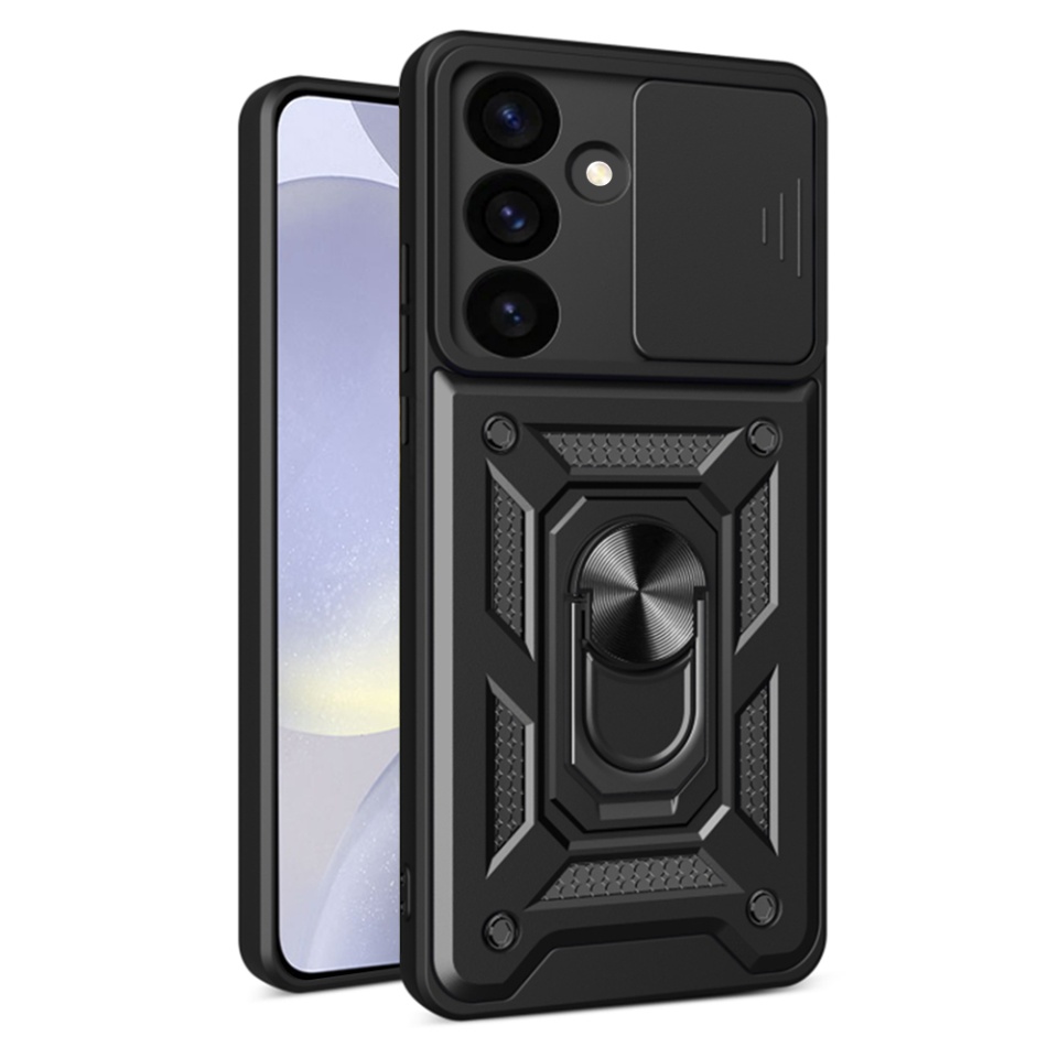 Husa pentru Samsung Galaxy S24 FE cu inel magnetic si protectie camera Skyddar CamShield - Negru