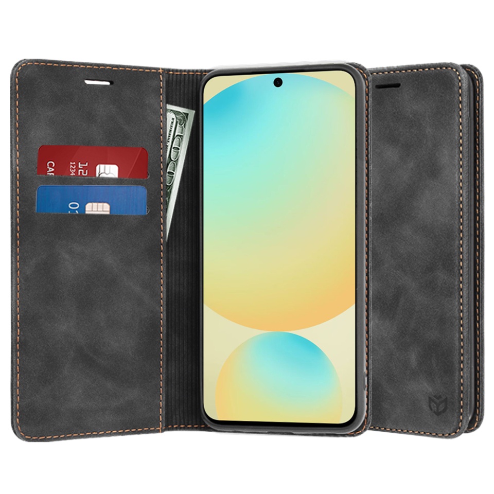 Husa pentru Samsung Galaxy S24 FE, SKYDDAR INNOVATION, Soft Wallet, tip Carte din piele Eco Premium, cu Portofel Interior, Negru, set cu sticker