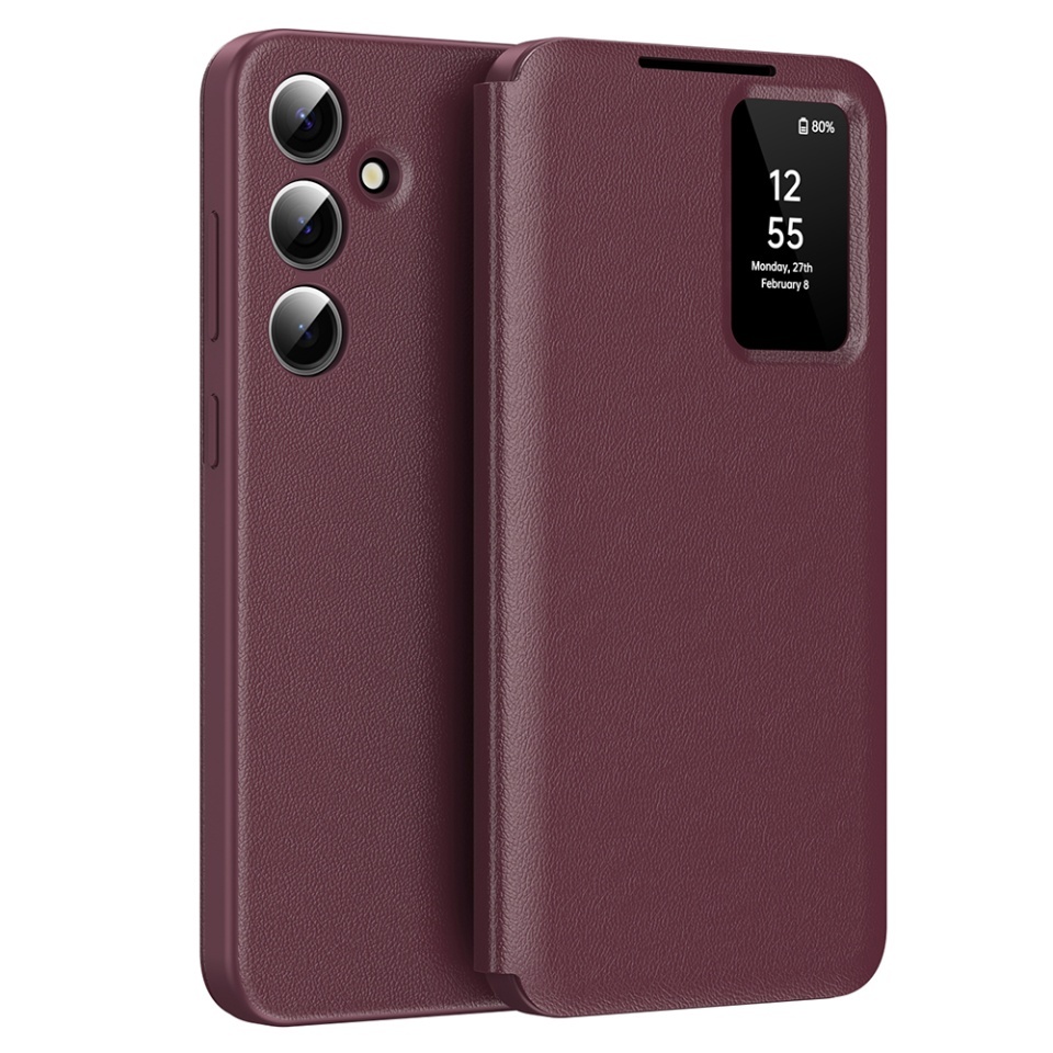 Husa pentru Samsung Galaxy S24 FE tip carte, Skyddar, cu portofel si SmartView, Premium, set cu sticker, Rosu