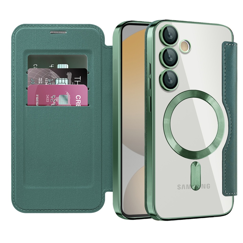 Husa pentru Samsung Galaxy S24 FE tip carte, SKYDDAR INOVATION, SmartMag Book, Magsafe, RFiD, Suport Carduri, set cu sticker, Verde