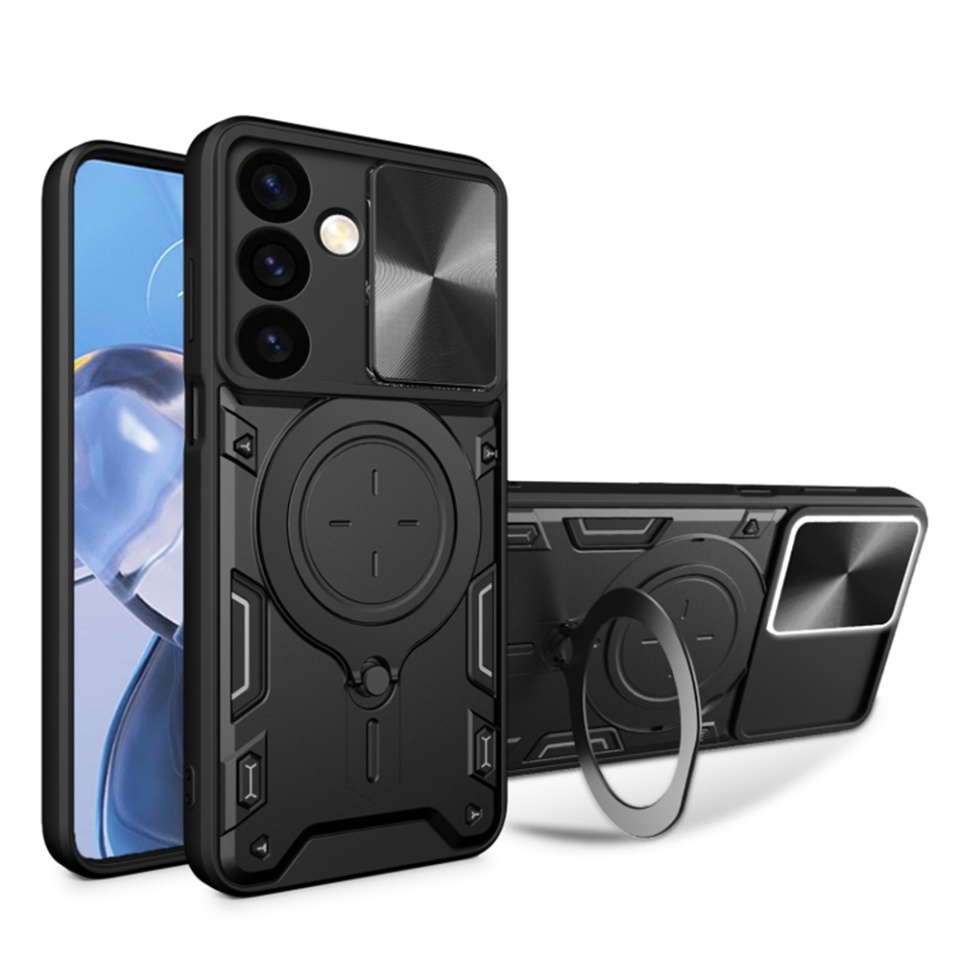 Husa pentru Samsung Galaxy S24 Plus, cu inel magnetic si suport ajustabil, protecție completa camera, SKDR SafeCover - Negru