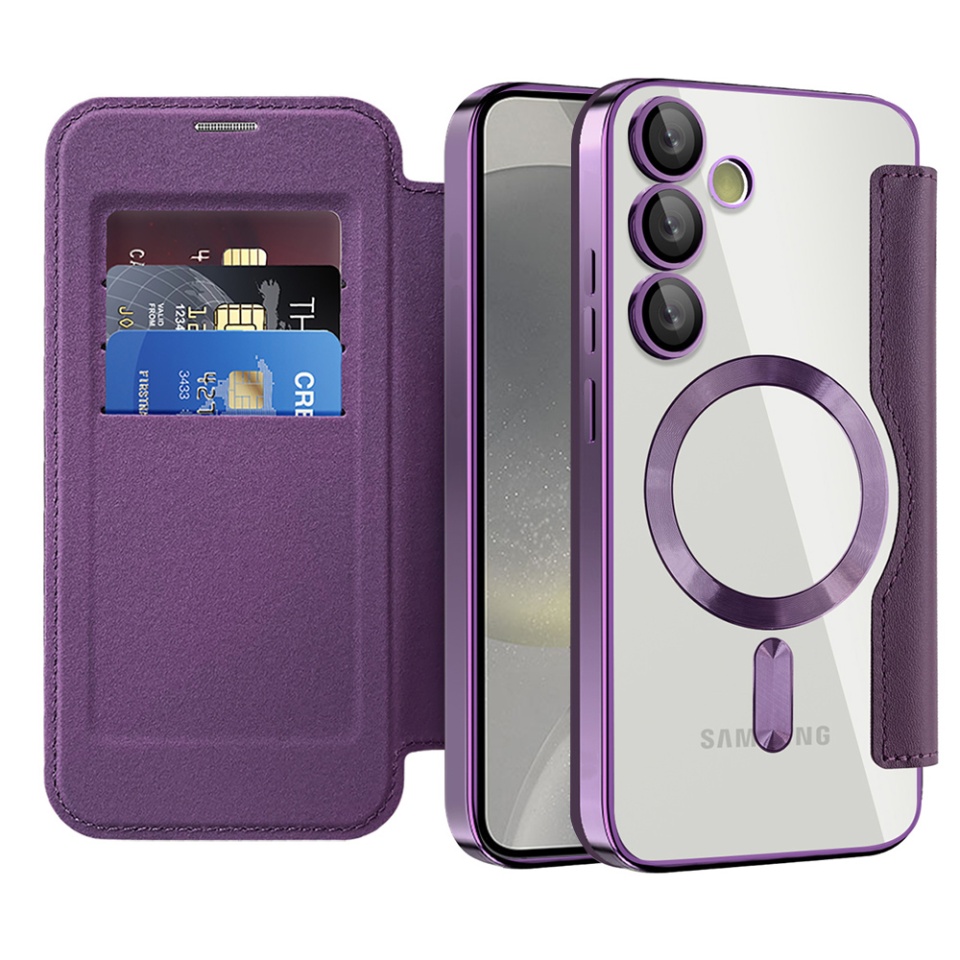 Husa pentru Samsung Galaxy S24 Plus tip carte, SKYDDAR INOVATION, SmartMag Book, Magsafe, RFiD, Suport Carduri, set cu sticker, Mov