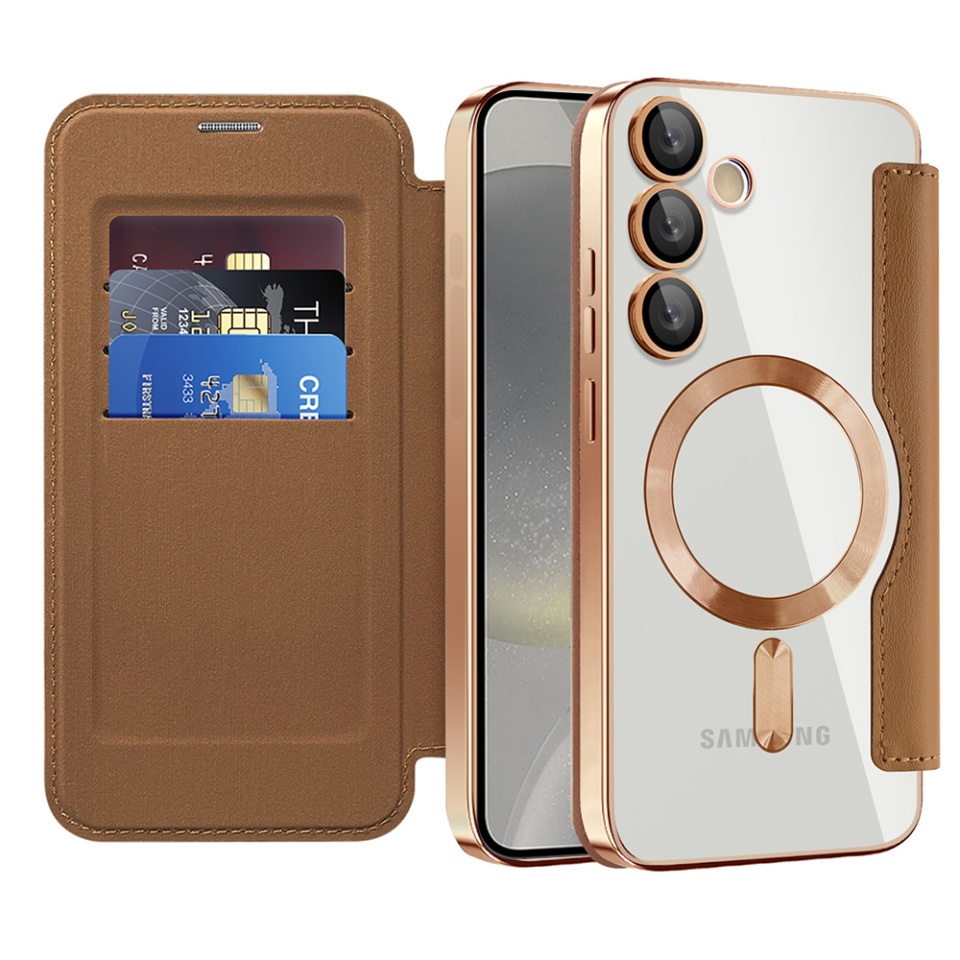 Husa pentru Samsung Galaxy S24 Plus tip carte, SKYDDAR INOVATION, SmartMag Book, Magsafe, RFiD, Suport Carduri, set cu sticker, Maro