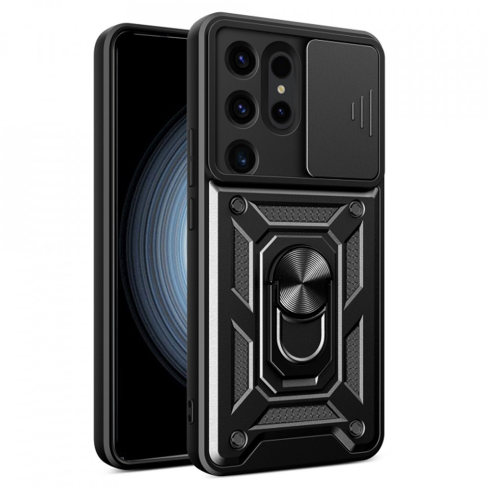 Husa pentru Samsung Galaxy S24 Ultra cu inel magnetic, Skyddar CamShield - Negru